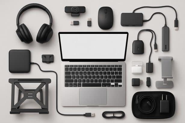 Laptop accessories for work and study: stand, wireless mouse, USB-C hub, keyboard, headphones
