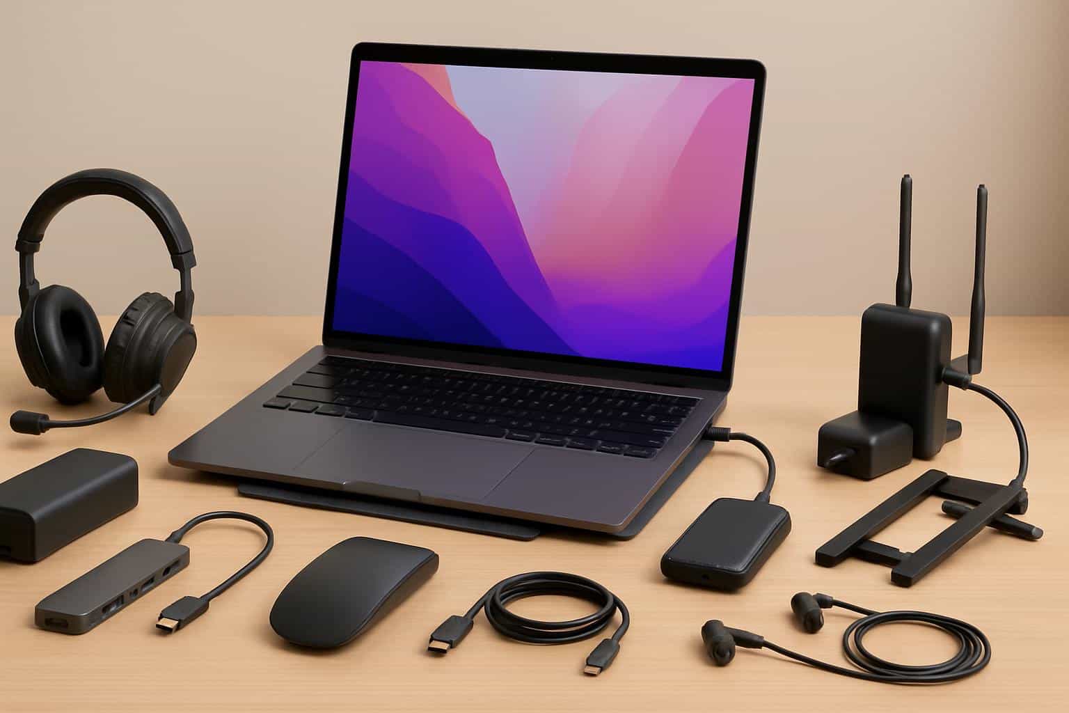 Laptop accessories for work and study: stand, mouse, USB-C hub, sleeve