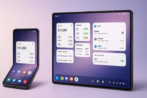 Samsung Galaxy Z Fold 7 and Flip 7 showing DeX widgets and Finance alerts