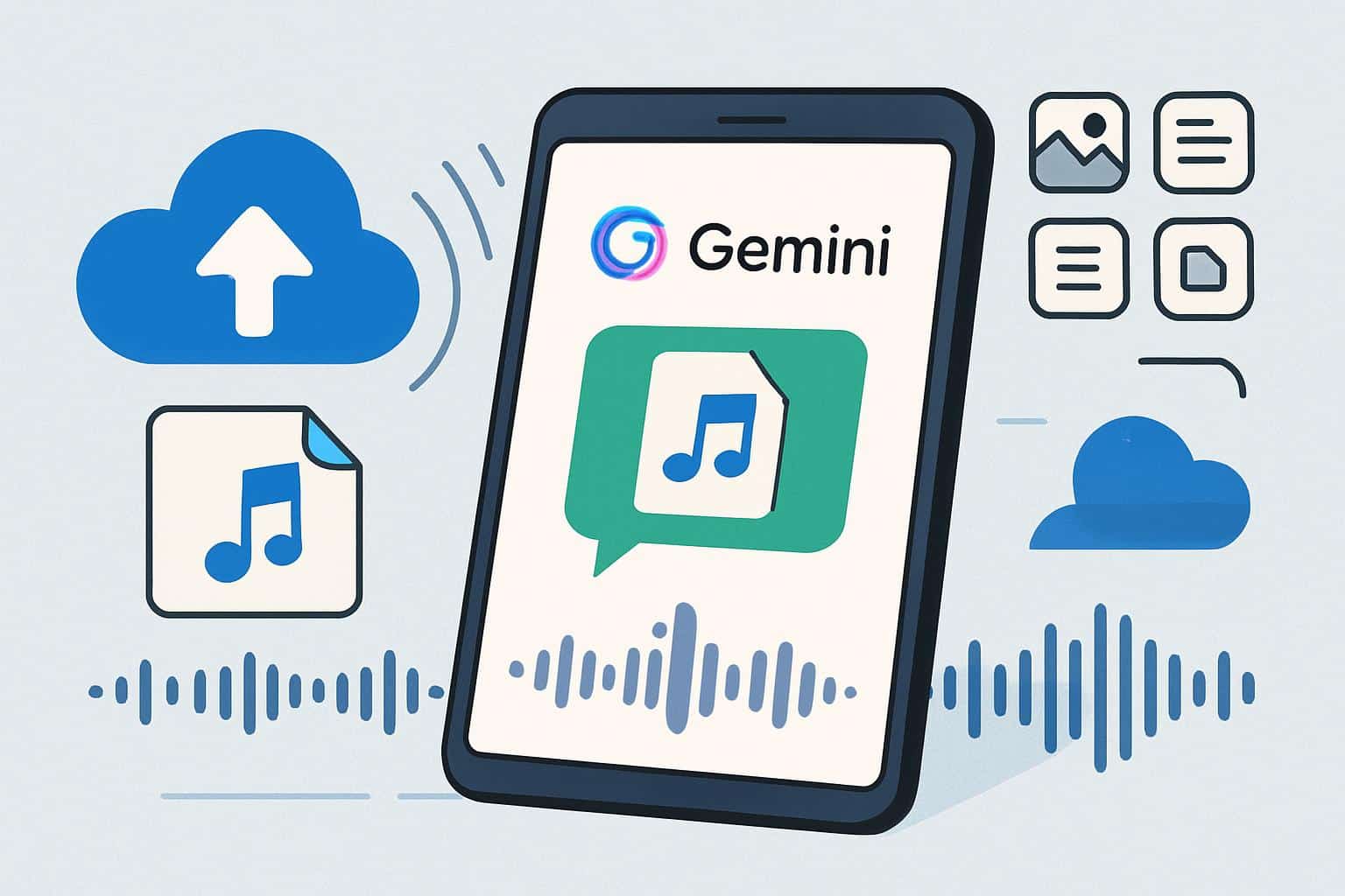 Gemini app on smartphone showcasing audio file uploads with waveform and upload icon