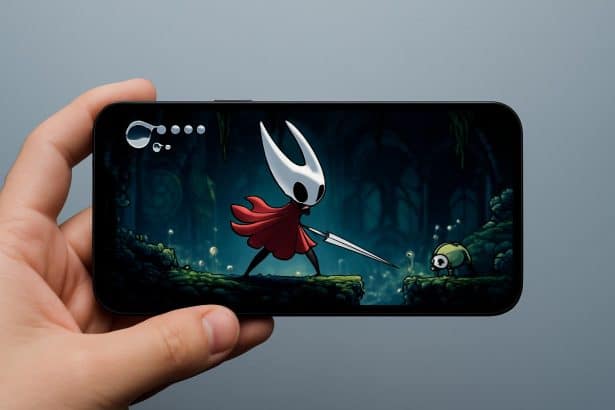 Hollow Knight: Silksong gameplay running on a smartphone screen