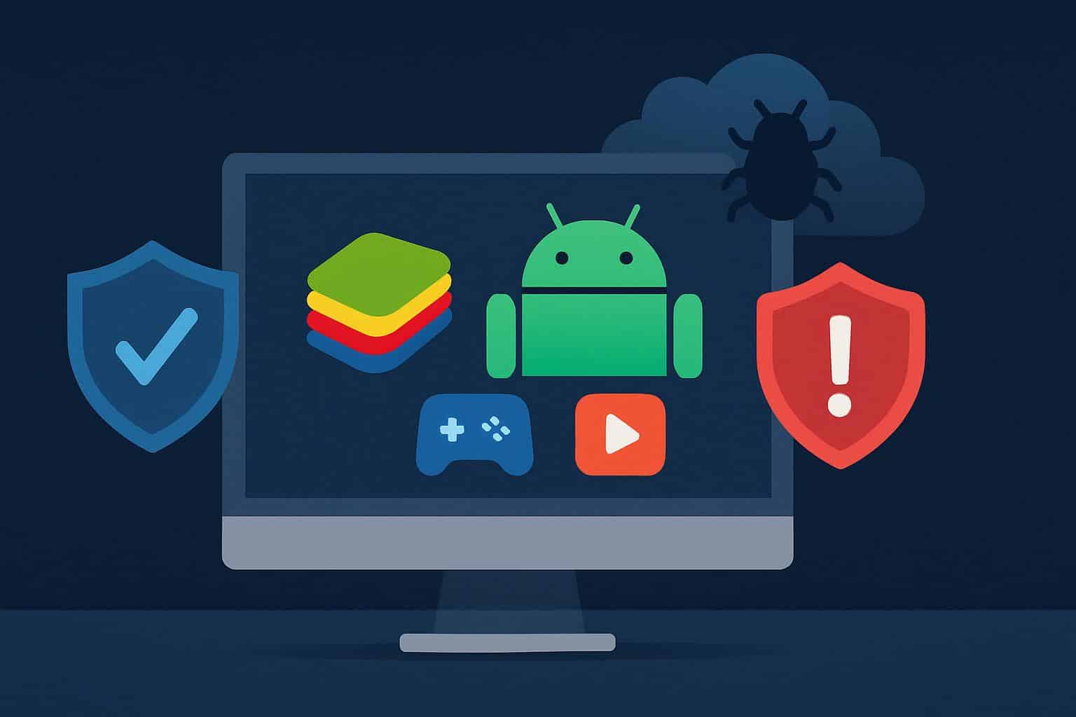 BlueStacks Android emulator on Windows PC with security shield, safe for PC