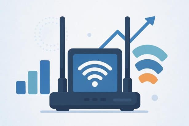 Wi-Fi standards: router with 2.4/5/6 GHz bands and speed indicators, trade-offs