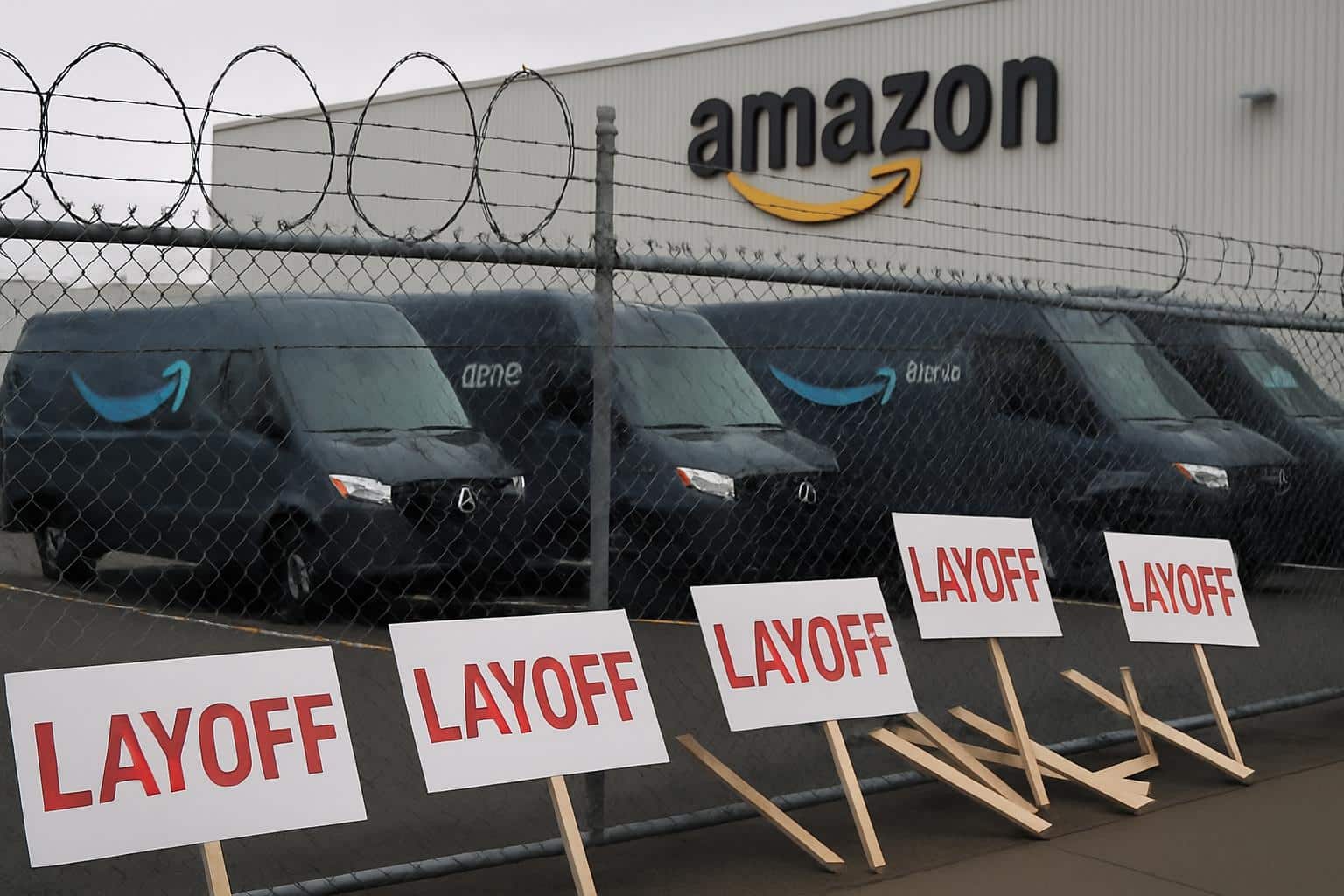 Amazon delivery van outside warehouse amid union claims of illegal driver layoffs