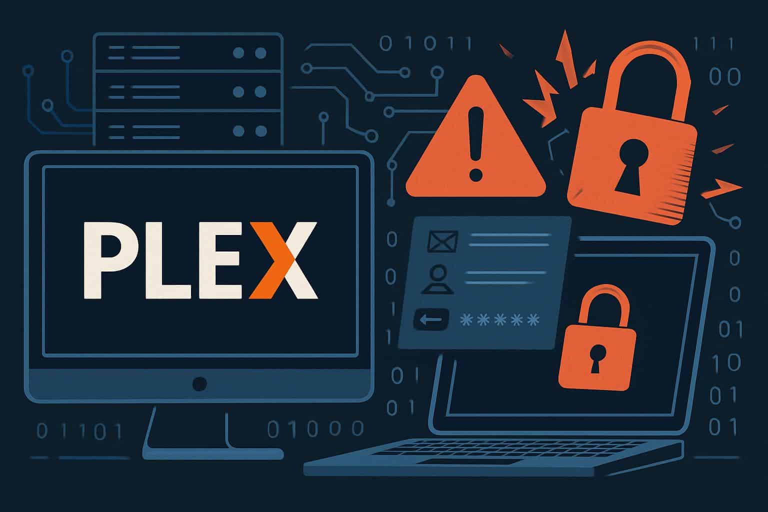Plex security breach warning urging password resets, padlock over login screen