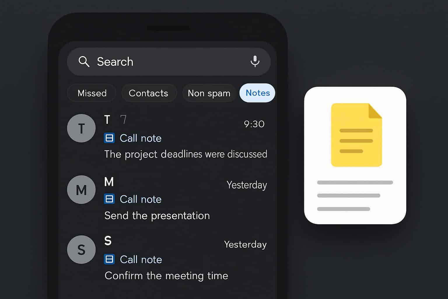 Google Phone testing Notes filter for Call Notes in Android dialer