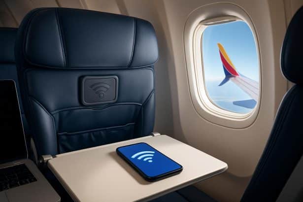 Southwest Airlines plane advertising free in‑flight Wi‑Fi for Rapid Rewards members