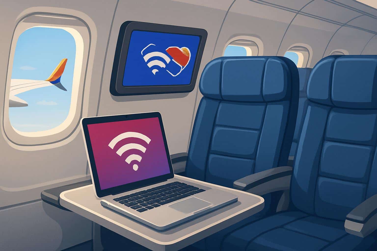 Southwest Airlines plane with Wi‑Fi symbol, promoting free in‑flight Wi‑Fi for members