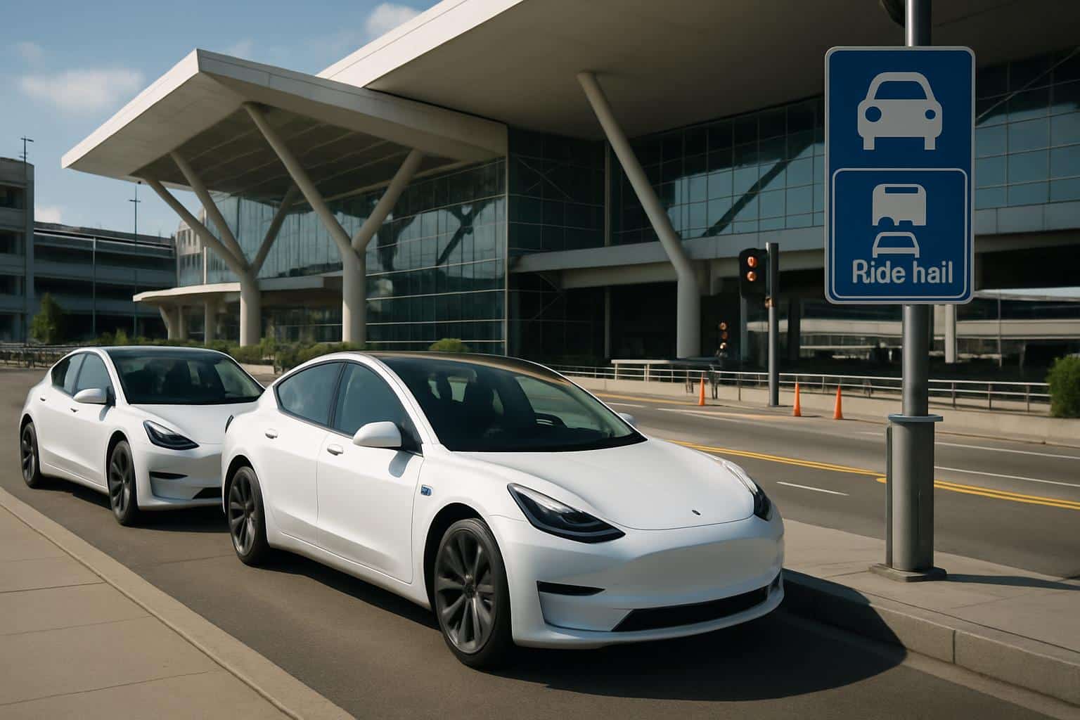 Tesla ride-hail vehicles at Silicon Valley airport pickup zone amid permit push