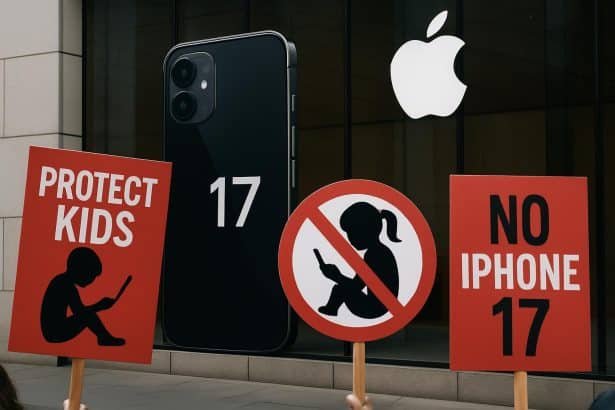 Child safety advocates protest iPhone 17 launch with signs and banners