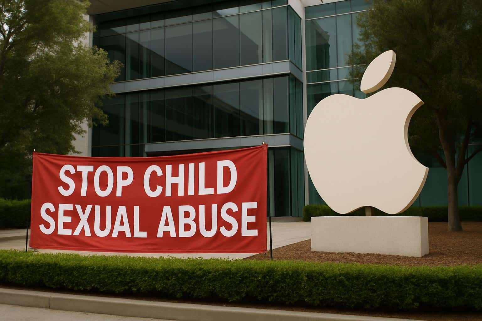 Child safety advocates protest iPhone 17 launch with signs and banners