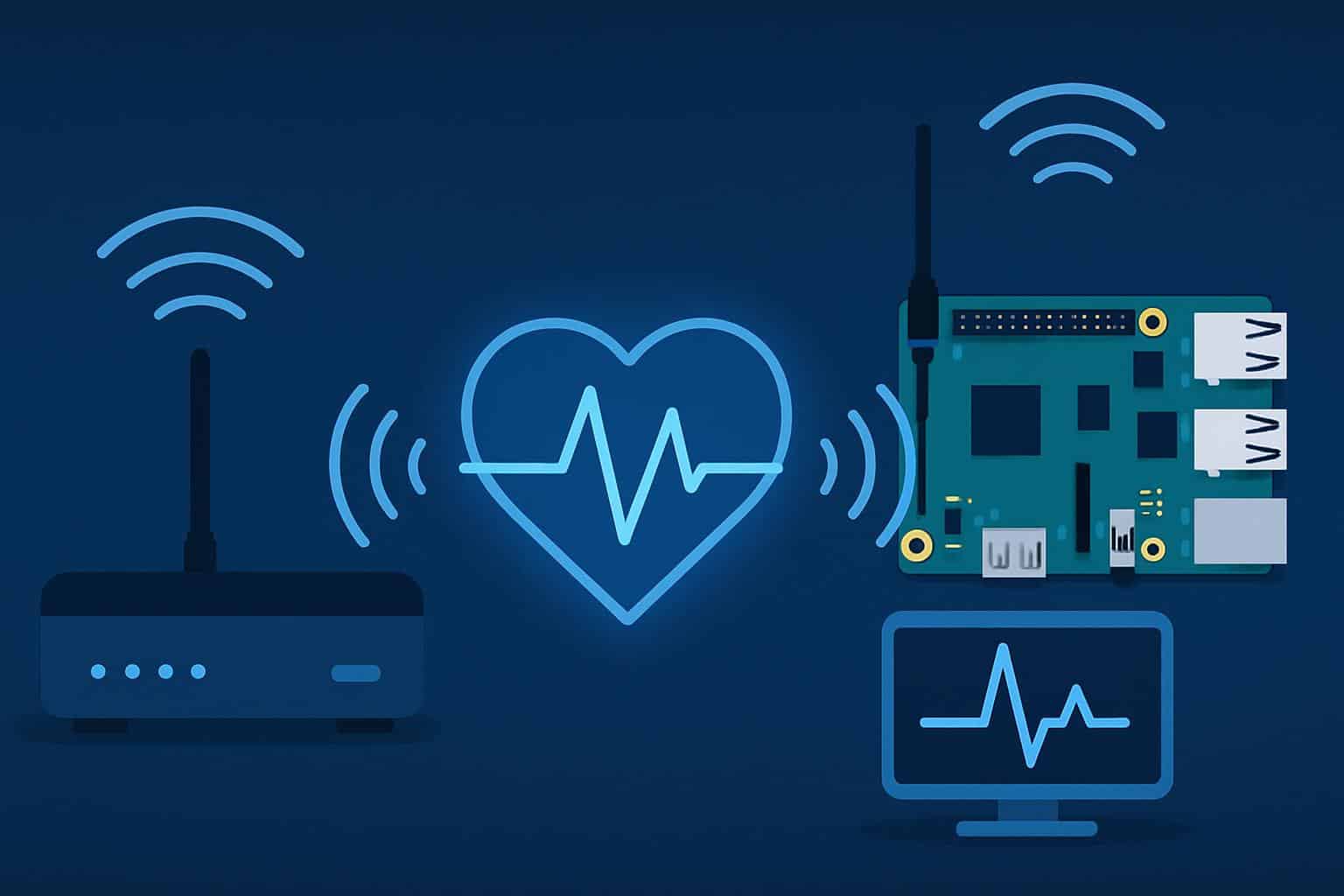 Raspberry Pi with Wi‑Fi symbol and ECG waveform, wireless heart monitor