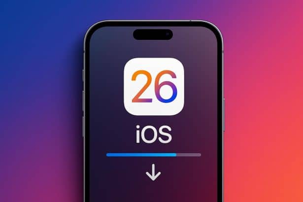 Apple iPhone showing iOS 26 release update with Download and Install button
