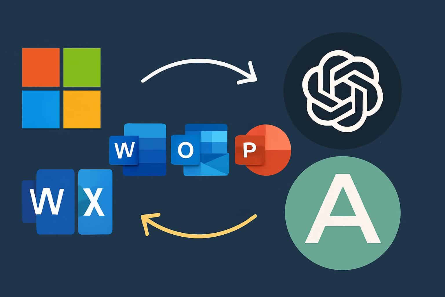 Microsoft and Anthropic logos linked, OpenAI logo fading to signal reduced reliance