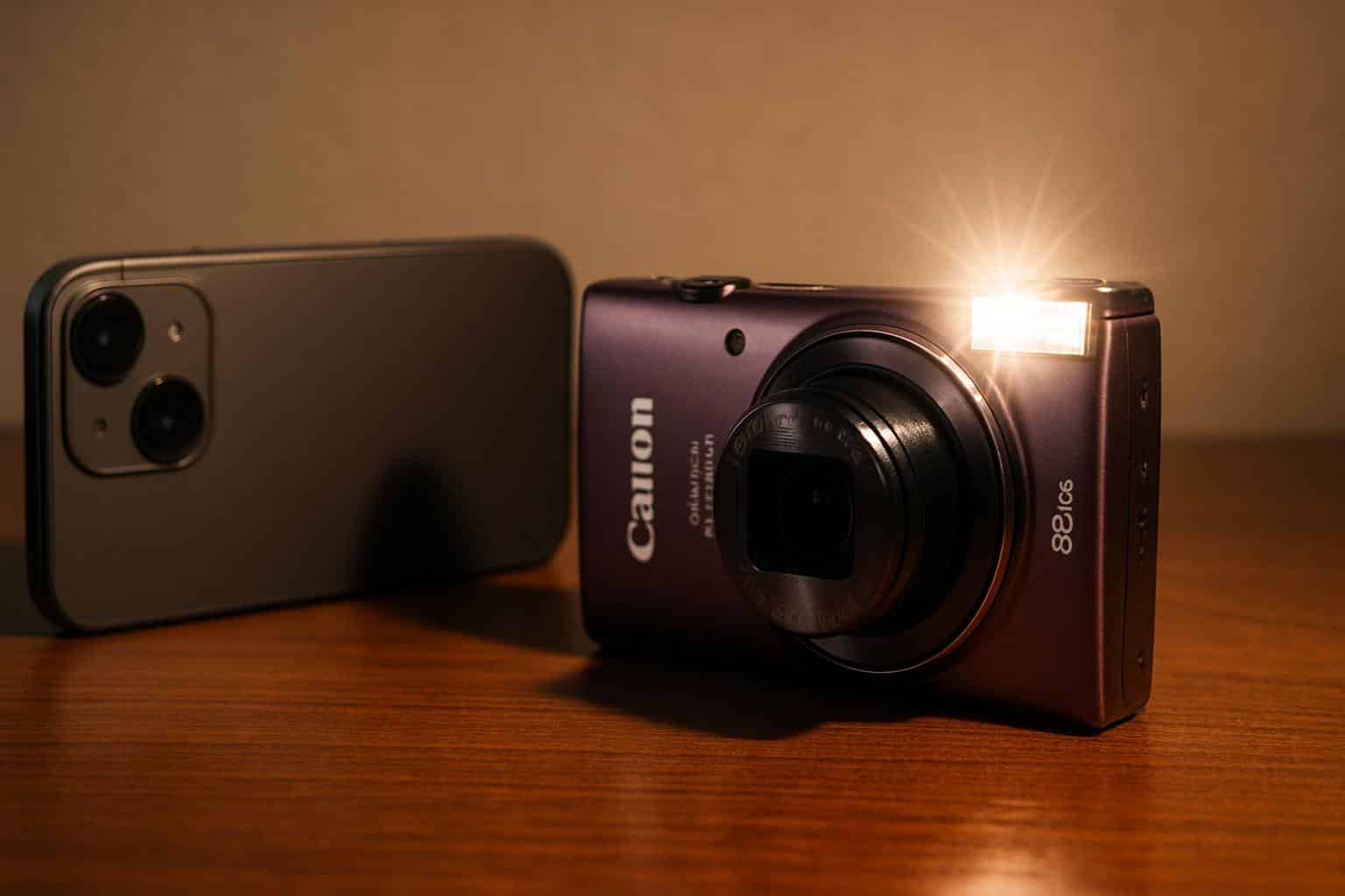 Canon 9 Elph point-and-shoot camera beside smartphone for comparison