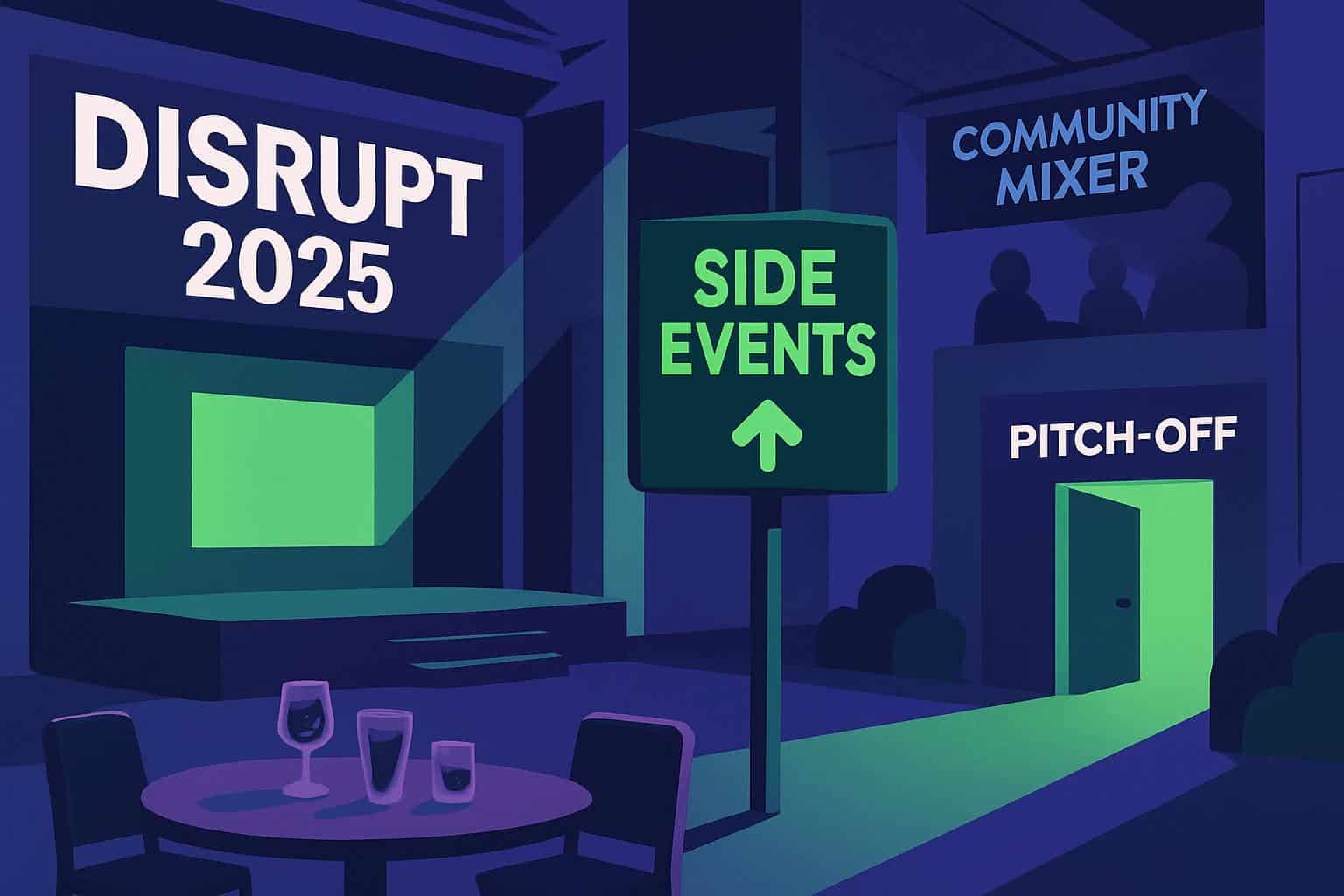 Disrupt conference stage with brand event signage and sponsor booths