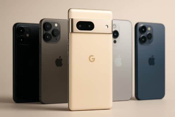 Google Pixel smartphone with global top 5 premium phones ranking graphic