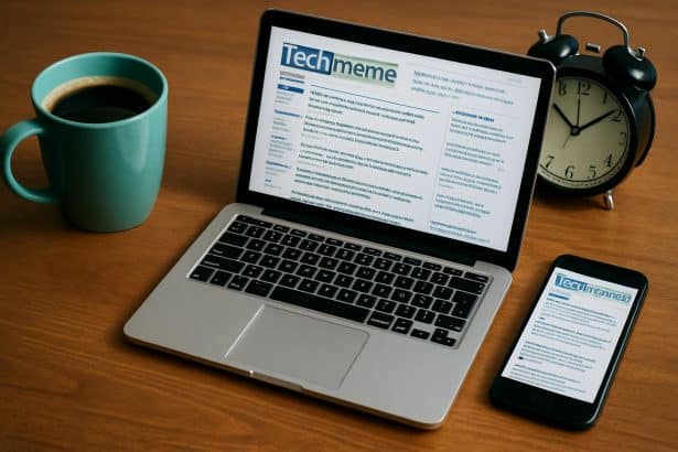 Techmeme news aggregator on screen, morning go-to for tech pros