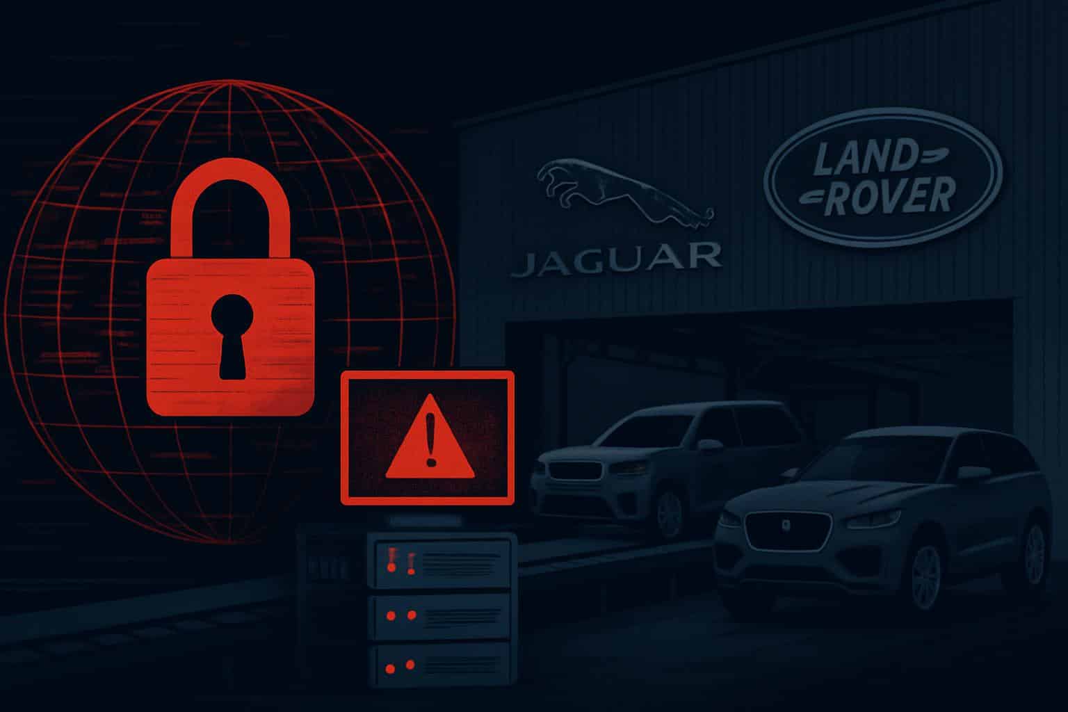 Jaguar Land Rover logo with binary code and padlock, symbolizing cyber attack