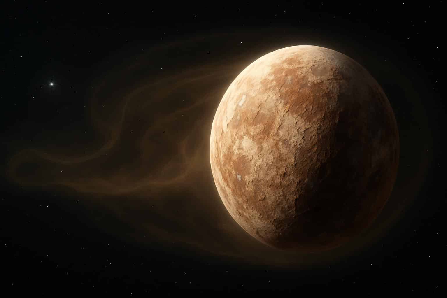 Artist's impression of dwarf planet Makemake's tenuous atmosphere detected by JWST