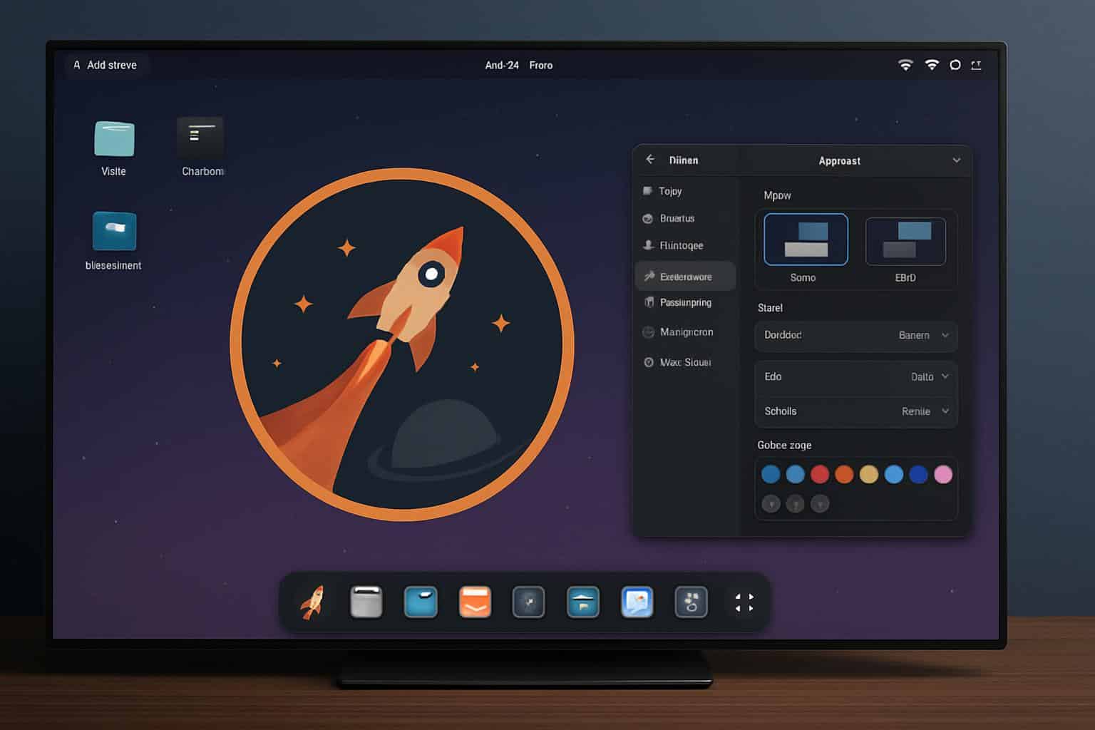 System76 COSMIC alpha running on Linux desktop, with panel, dock, and app launcher