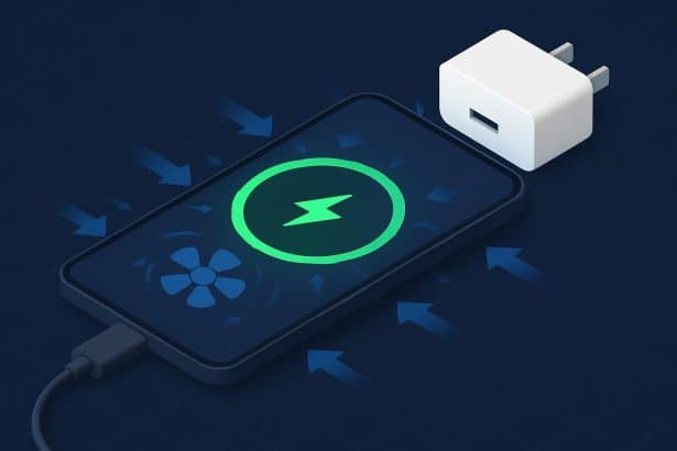Smartphone on charger with Quick Charge 5+ fast, cooler, smarter charging