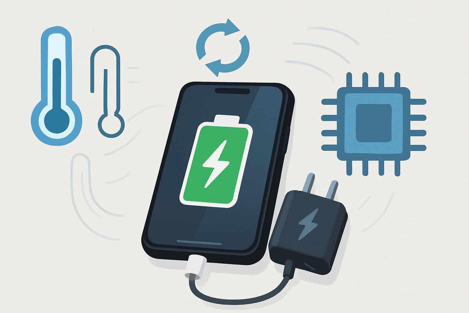 Smartphone with Quick Charge 5+ showing cooler, smarter fast charging battery indicator