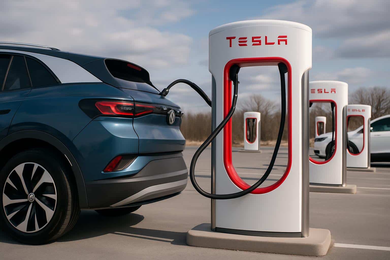 Volkswagen EV at a Tesla Supercharger, access delayed by tech compatibility issues