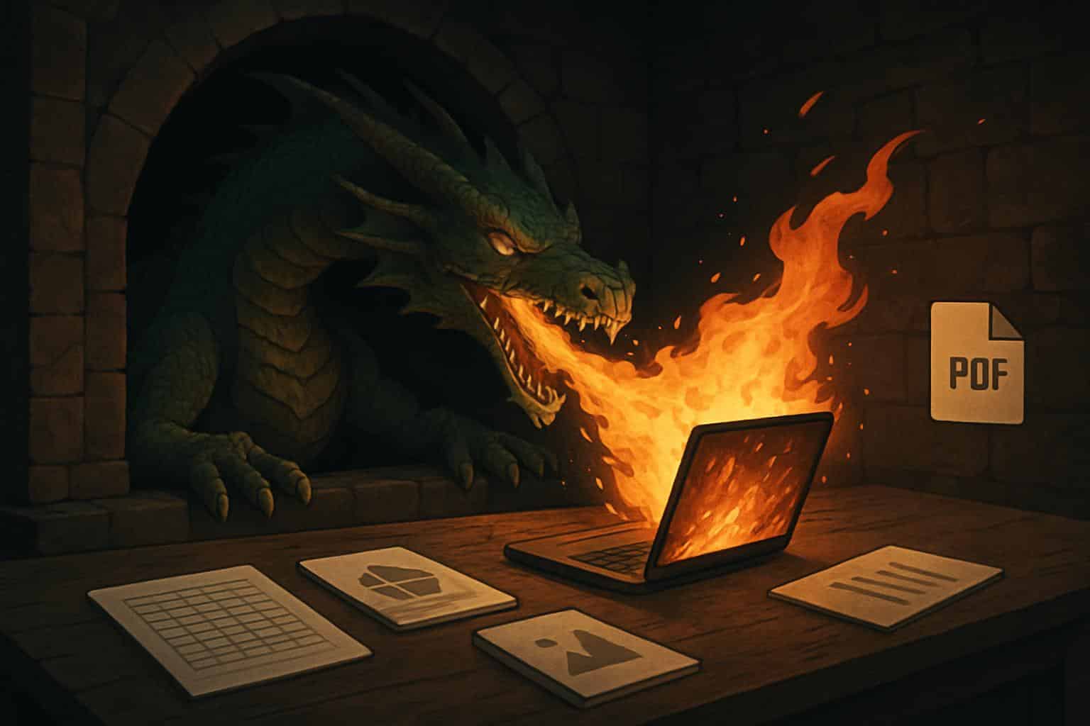 Dragon over folders symbolizing Claude AI file tools and potential risks