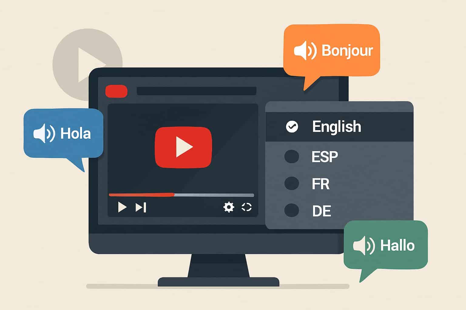YouTube multi-language dubbing for creators, with language icons and audio tracks