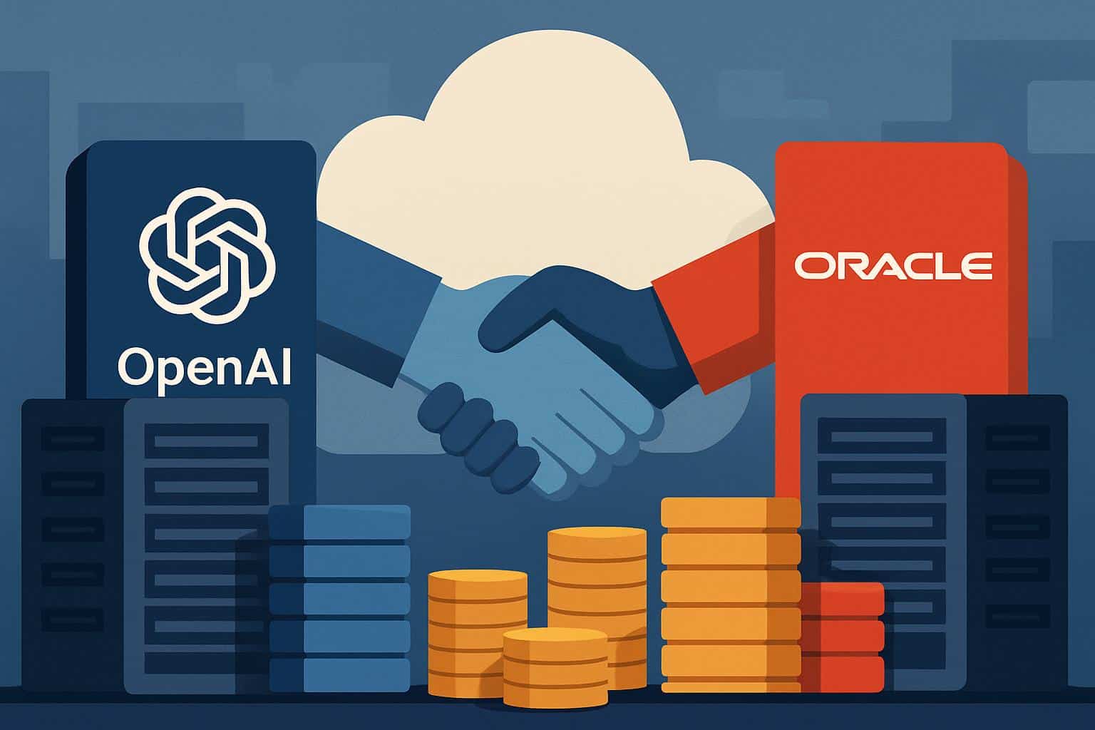 OpenAI and Oracle logos with cloud servers, highlighting cloud-compute agreement