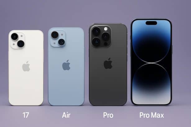 iPhone 17, Air, Pro, and Pro Max lineup side-by-side for size and camera comparison