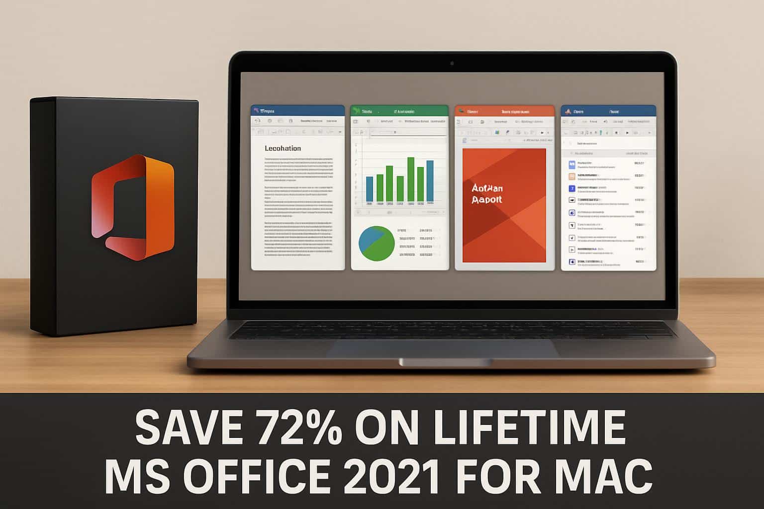 Microsoft Office 2021 for Mac lifetime license deal, 72% off on MacBook with Office app icons