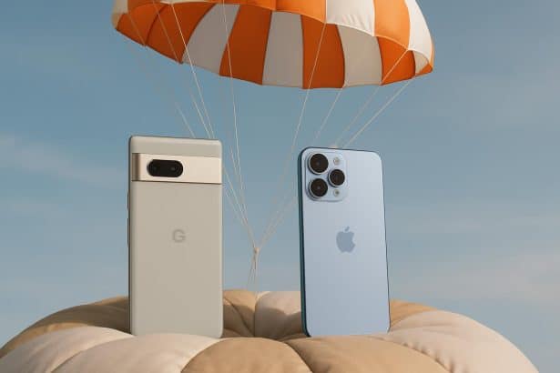 Google Pixel and iPhone side by side in a gentle comparison ad