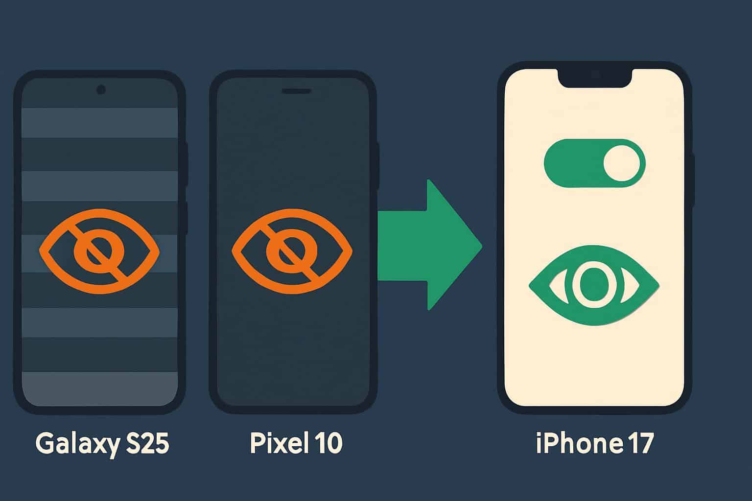 iPhone 17 blue light eye-saver screen compared with Galaxy S25 and Pixel 10