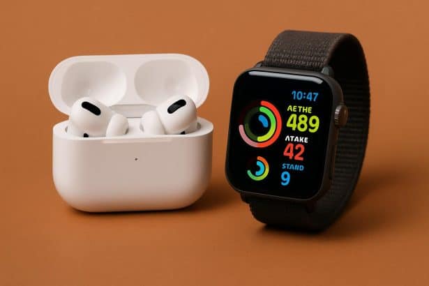 Smartwatch fitness tracking showing heart rate, steps, and workout stats