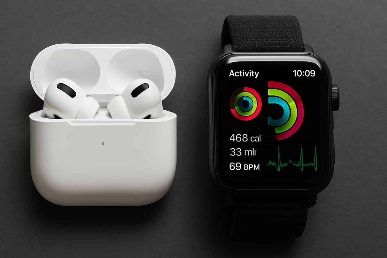Smartwatch displaying heart rate and steps beside AirPods Pro 3 earbuds for fitness tracking