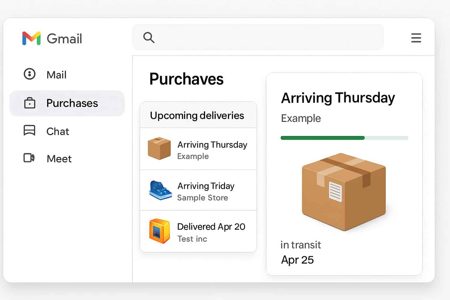 Gmail inbox showing Purchases tab for package tracking