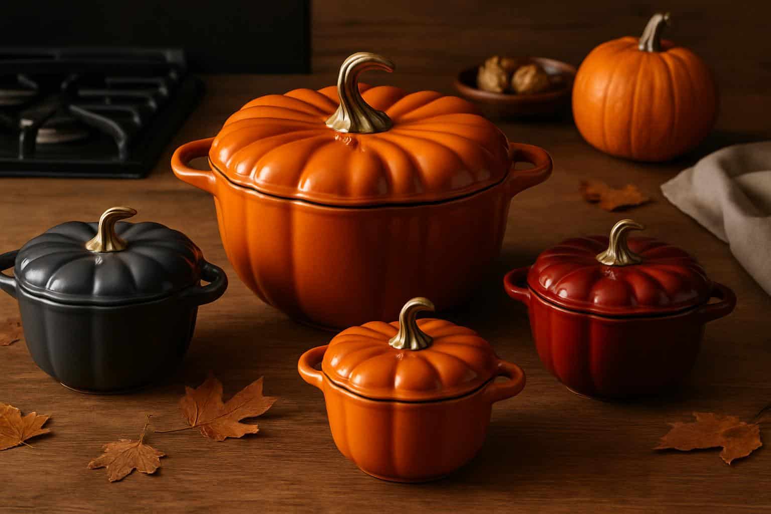 Staub Pumpkin Dutch Ovens cookware on a kitchen counter, now on sale