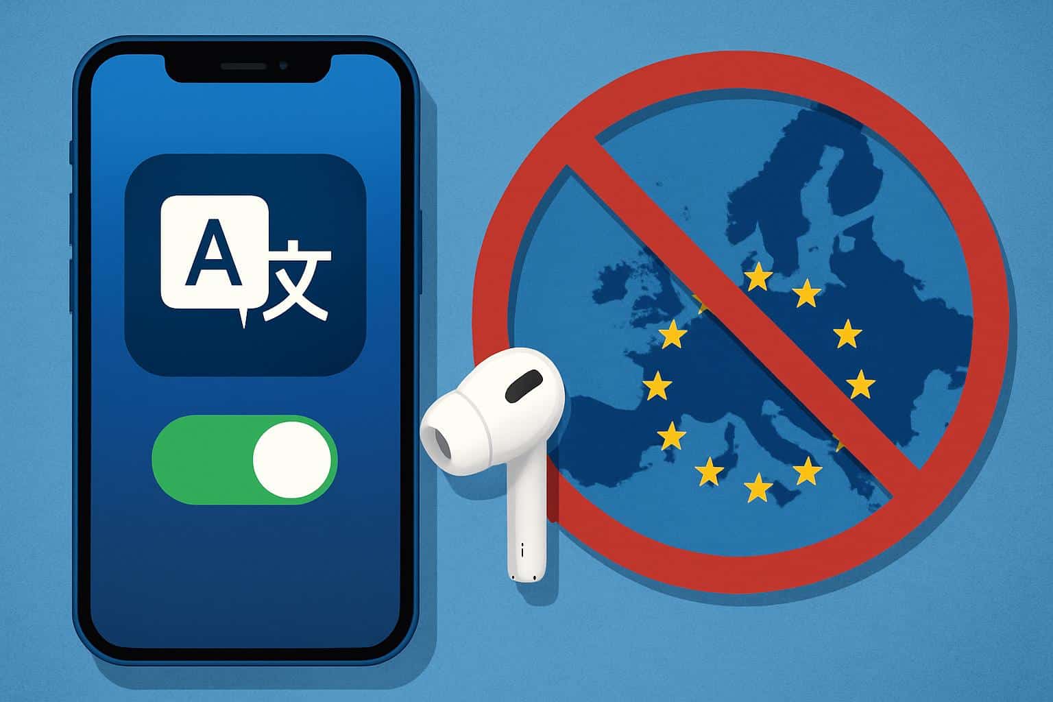 Apple AirPods with EU map, highlighting Live Translation not launching in Europe