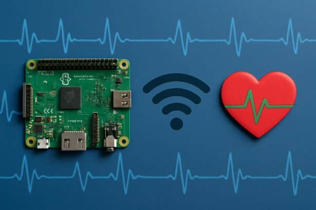 Raspberry Pi analyzing Wi‑Fi signals to monitor heart rate with ECG waveform