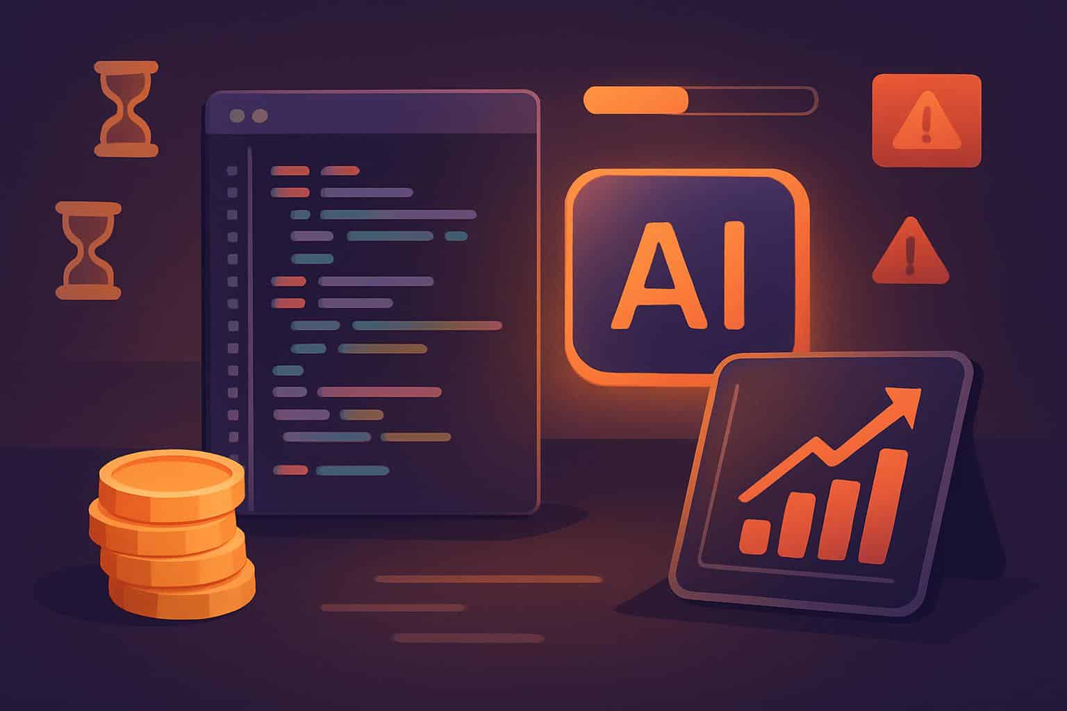 $20 AI accelerates programming: laptop code, clock, and dollar sign suggest trade-offs
