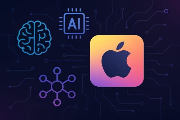 Apple keynote stage with AI graphics and glowing logo