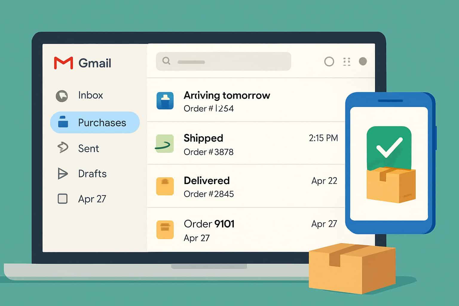 Gmail Purchases tab showing online order receipts and tracking updates