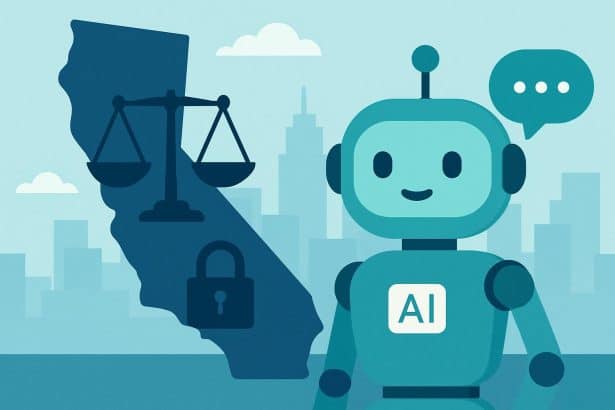 California Capitol with smartphone chat bubbles symbolizing AI companion chatbot regulation