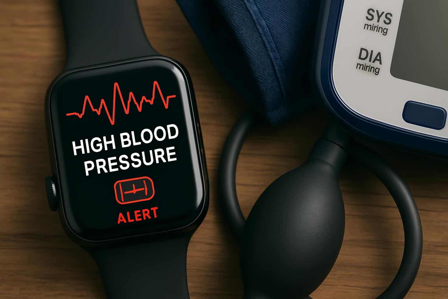 Apple Watch screen with hypertension alert beside FDA clearance symbol