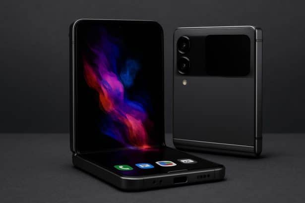 Samsung Galaxy Z Flip 7 FE foldable phone, half-folded to show hinge and cover screen