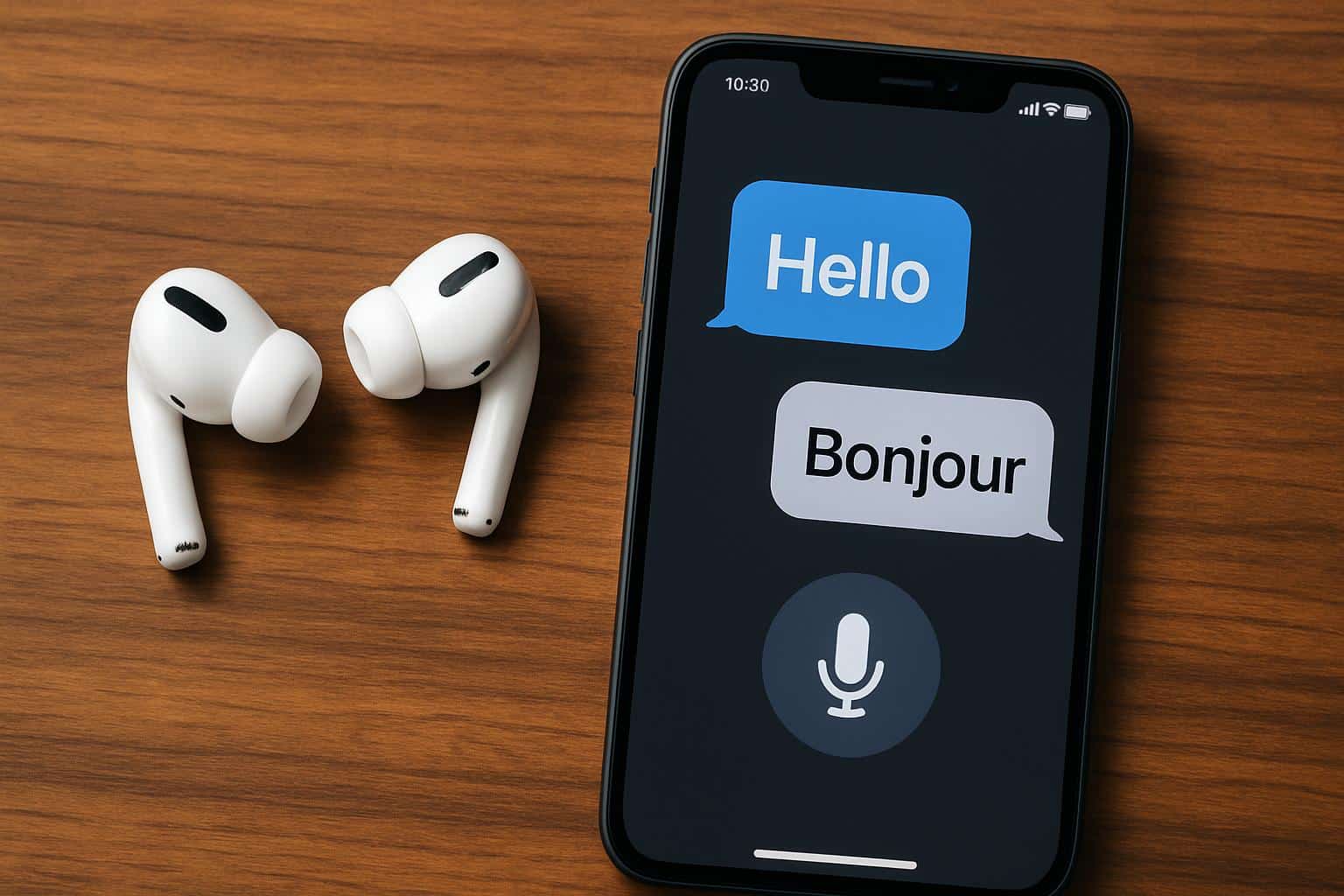AirPods and iPhone displaying iOS 26 free real-time interpretation feature