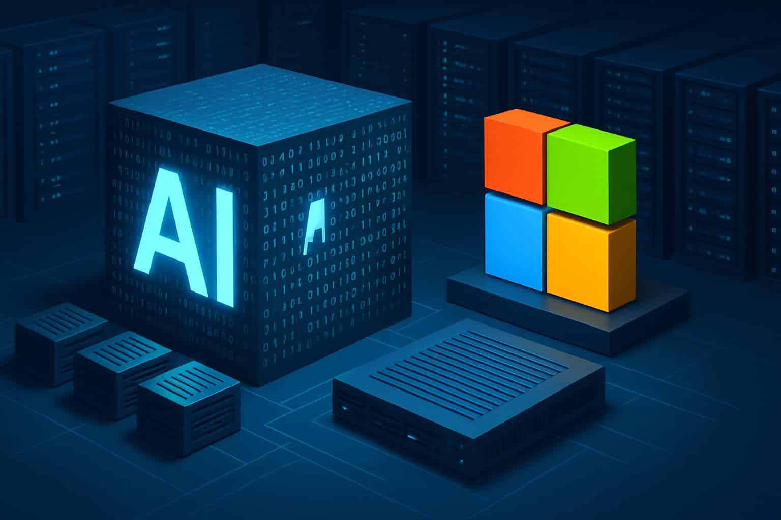 Microsoft logo over Azure data center and GPU racks for AI big compute self-sufficiency