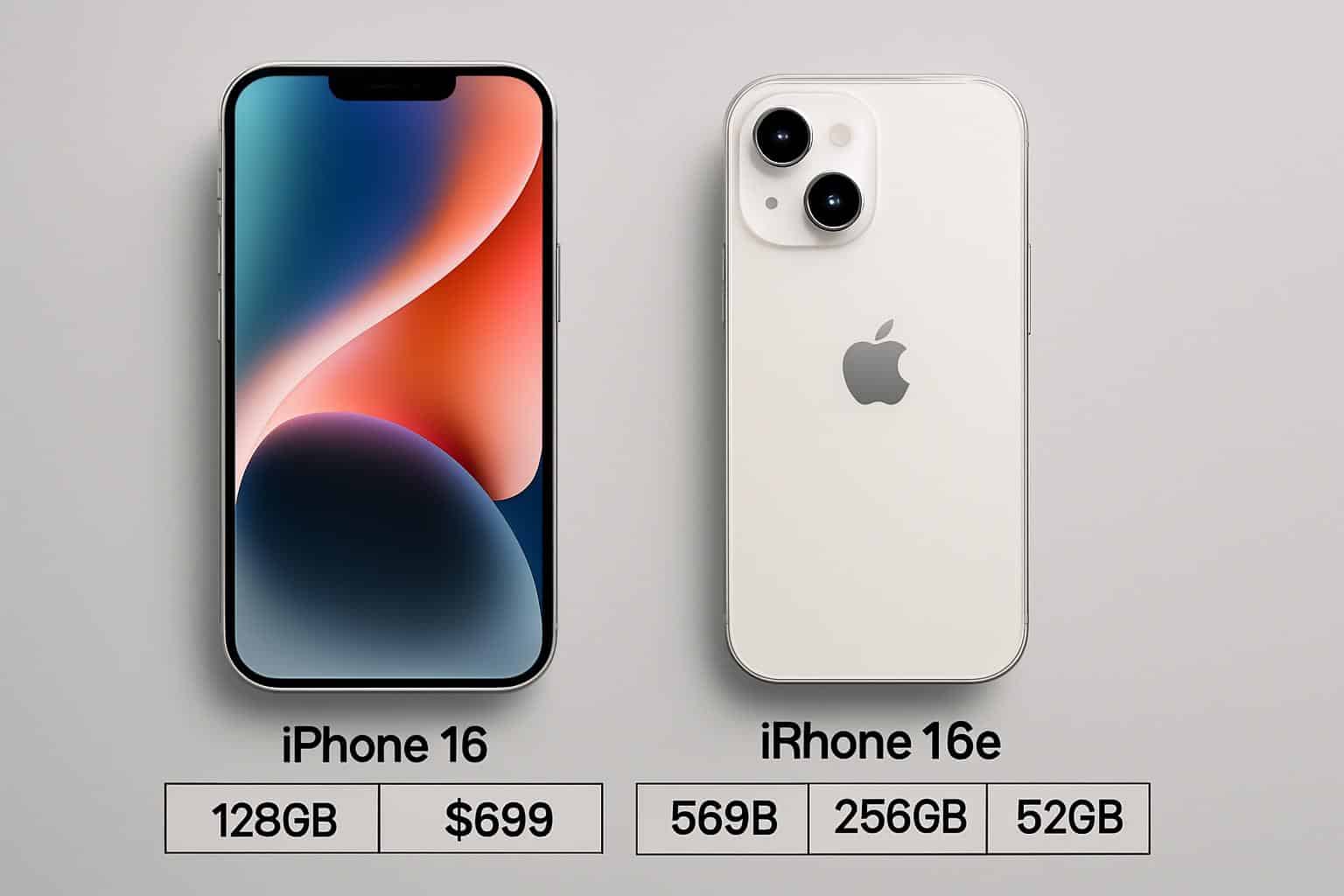 Apple iPhone 16 vs 16e comparison showing 0 price difference and key features